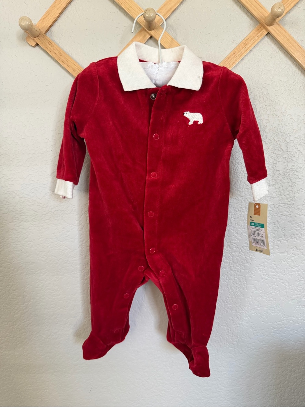 NWT Vintage Y2K Cherokee Baby Red Velour Polar Bear Footie Sleeper 3M
